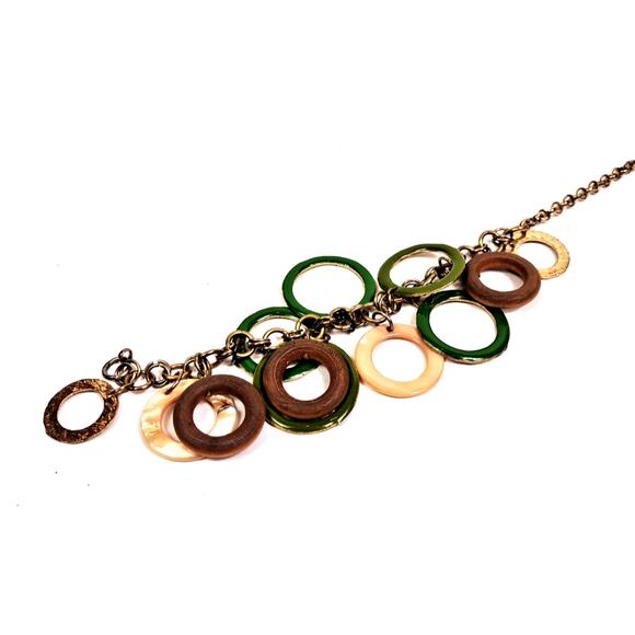 VTG Gold Tone Hammered Disc Ring Earth Tones Marble Green 7" Bracelet - Picture 2 of 7